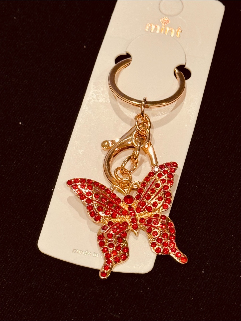 Mint Gold-Tone Keychain with Red Crystal Butterfly Charm NWT